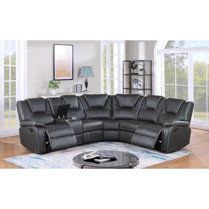 Esofastore Air Leather Upholstered Modular Manual Recliner Sectional Sofa with Storage, USB Port, and Cup Holder, Living Room Couch, Gray