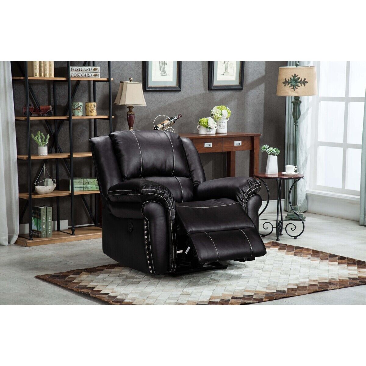 Esofastore PU Leather Power Recliner Armchair with USB Port and Plush Pillow Back Cushion, Living Room Sofa Chair, Adjustable, Black