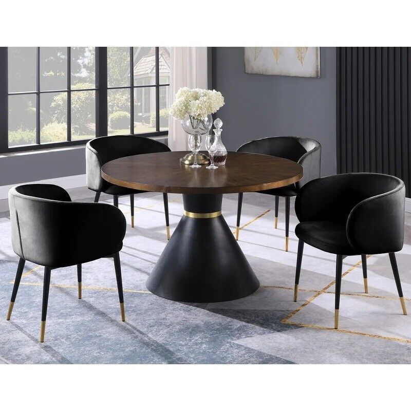 Esofastore Glam 5-Pc Dining Set, Round Wood Top Dining Table, 4 Velvet Upholstered Side Chairs, Gold Accent, Dining Room Furniture, Black