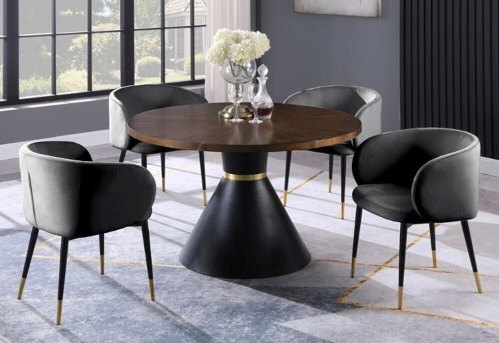 Esofastore Glam 5-Pc Dining Set, Round Wood Top Dining Table, 4 Velvet Upholstered Side Chairs, Gold Accent, Dining Room Furniture, Gray