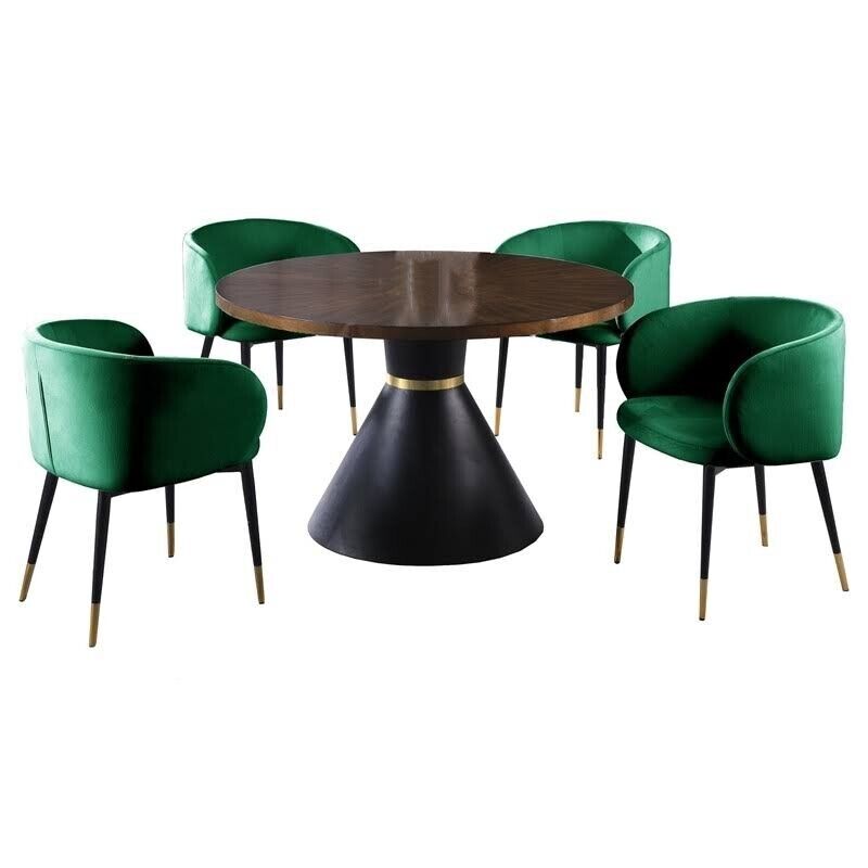 Esofastore Glam 5-Pc Dining Set, Round Wood Top Dining Table, 4 Velvet Upholstered Side Chairs, Gold Accent, Dining Room Furniture, Green