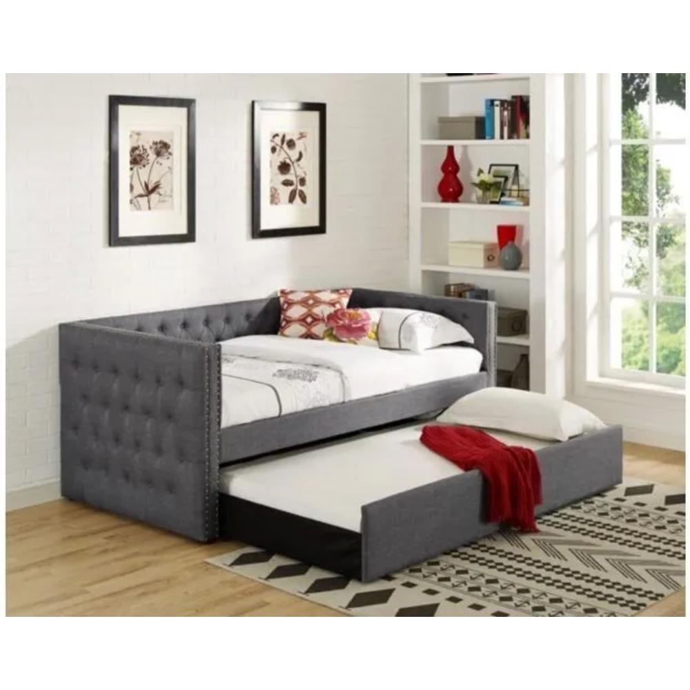 Esofastore Stylish Fabric Upholstered Daybed with Trundle Bed, Tufted, Nailhead Trim Accent Living Room Sofa Bed, Gray