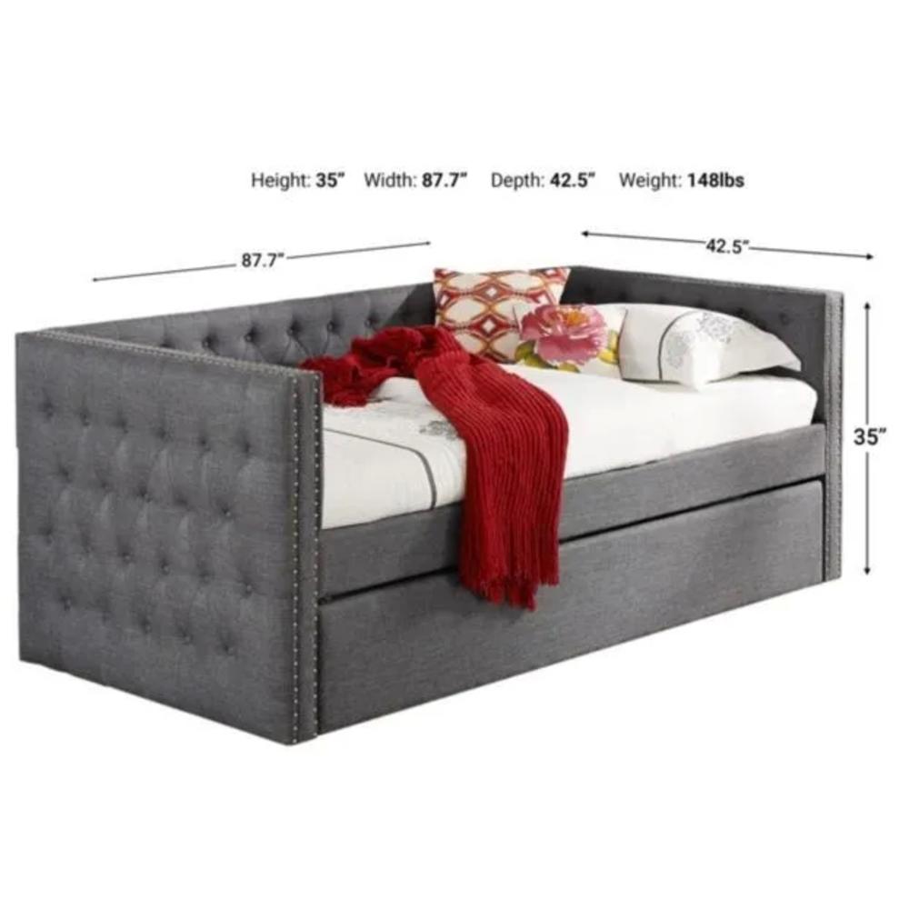 Esofastore Stylish Fabric Upholstered Daybed with Trundle Bed, Tufted, Nailhead Trim Accent Living Room Sofa Bed, Gray