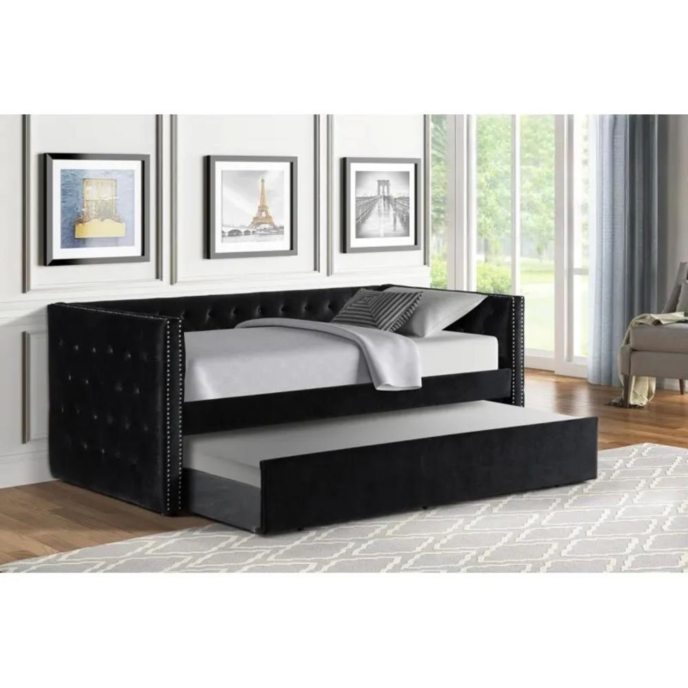 Esofastore Stylish Velvet Upholstered Daybed with Trundle Bed, Tufted Nailhead Trim Accent Living Room Sofa Bed, Black