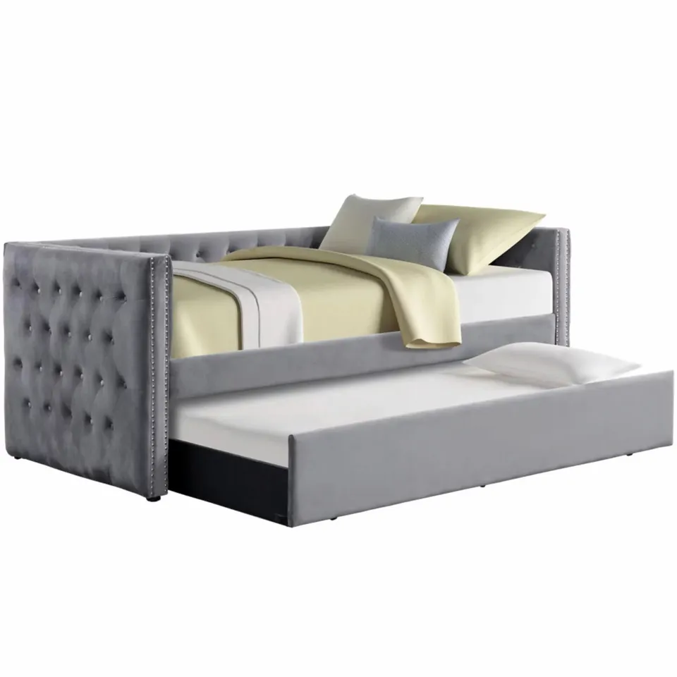 Esofastore Stylish Velvet Upholstered Daybed with Trundle Bed, Tufted Nailhead Trim Accent Living Room Sofa Bed, Gray