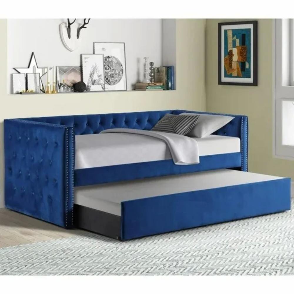 Esofastore Stylish Velvet Upholstered Daybed with Trundle Bed, Tufted Nailhead Trim Accent Living Room Sofa Bed, Blue