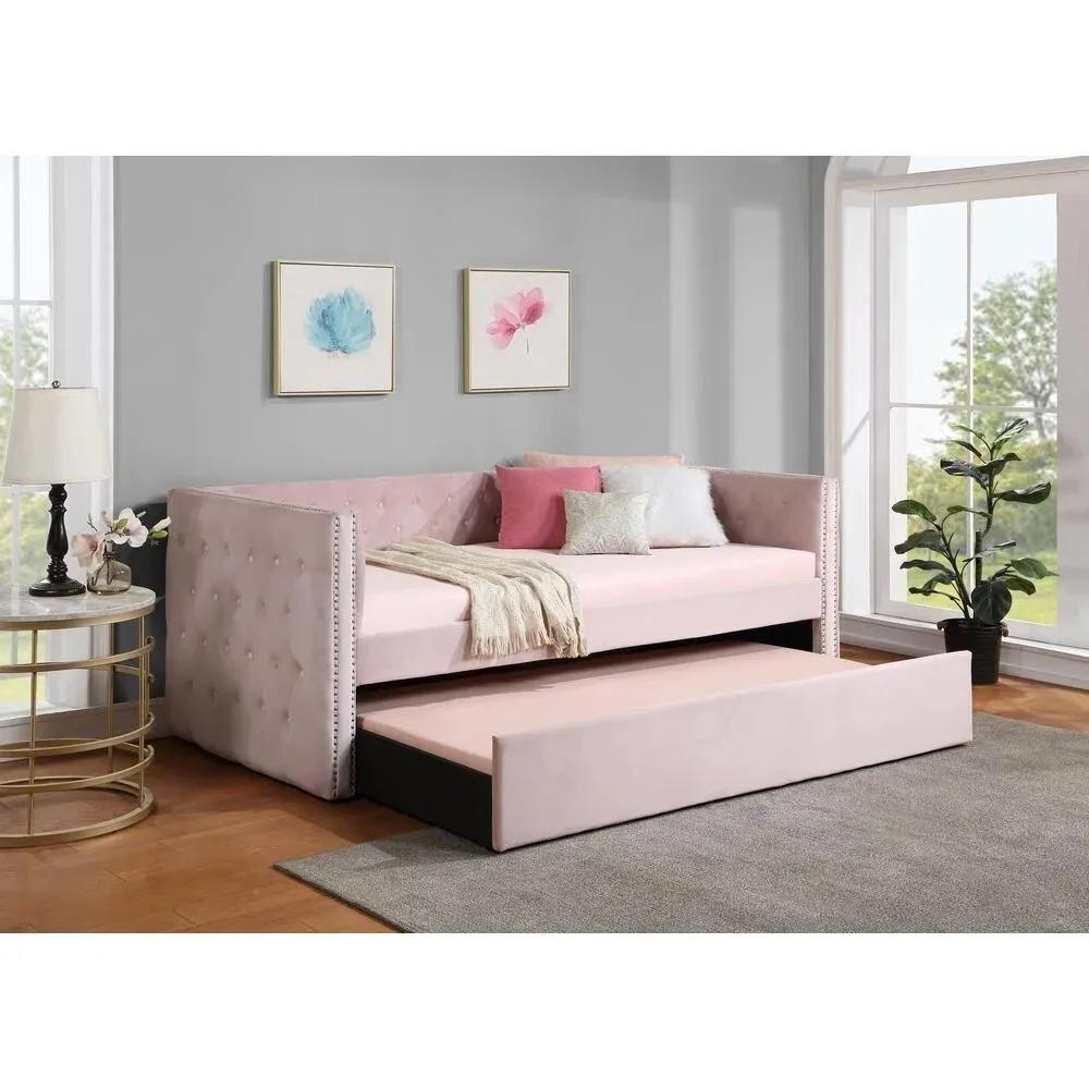 Esofastore Stylish Velvet Upholstered Daybed with Trundle Bed, Tufted Nailhead Trim Accent Living Room Sofa Bed, Pink