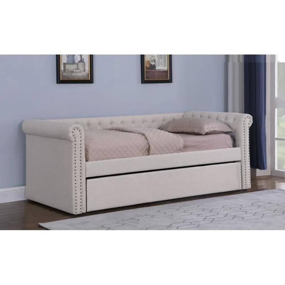 Esofastore Modern Fabric Upholstered Daybed with Trundle Bed, Rolled Armrest, Tufted, Nailhead Trim, Accent Living Room Sofa Bed, Beige