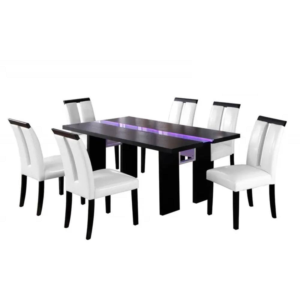 Esofastore 5-Piece Modern Dining Set, Frosted Glass LED Lighting, Black Wood Dining Table & White Leather Upholstered Side Chairs