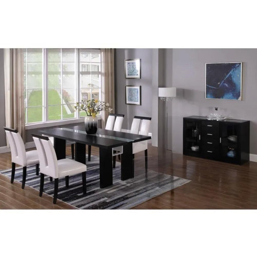 Esofastore 5-Piece Modern Dining Set, Frosted Glass LED Lighting, Black Wood Dining Table & White Leather Upholstered Side Chairs