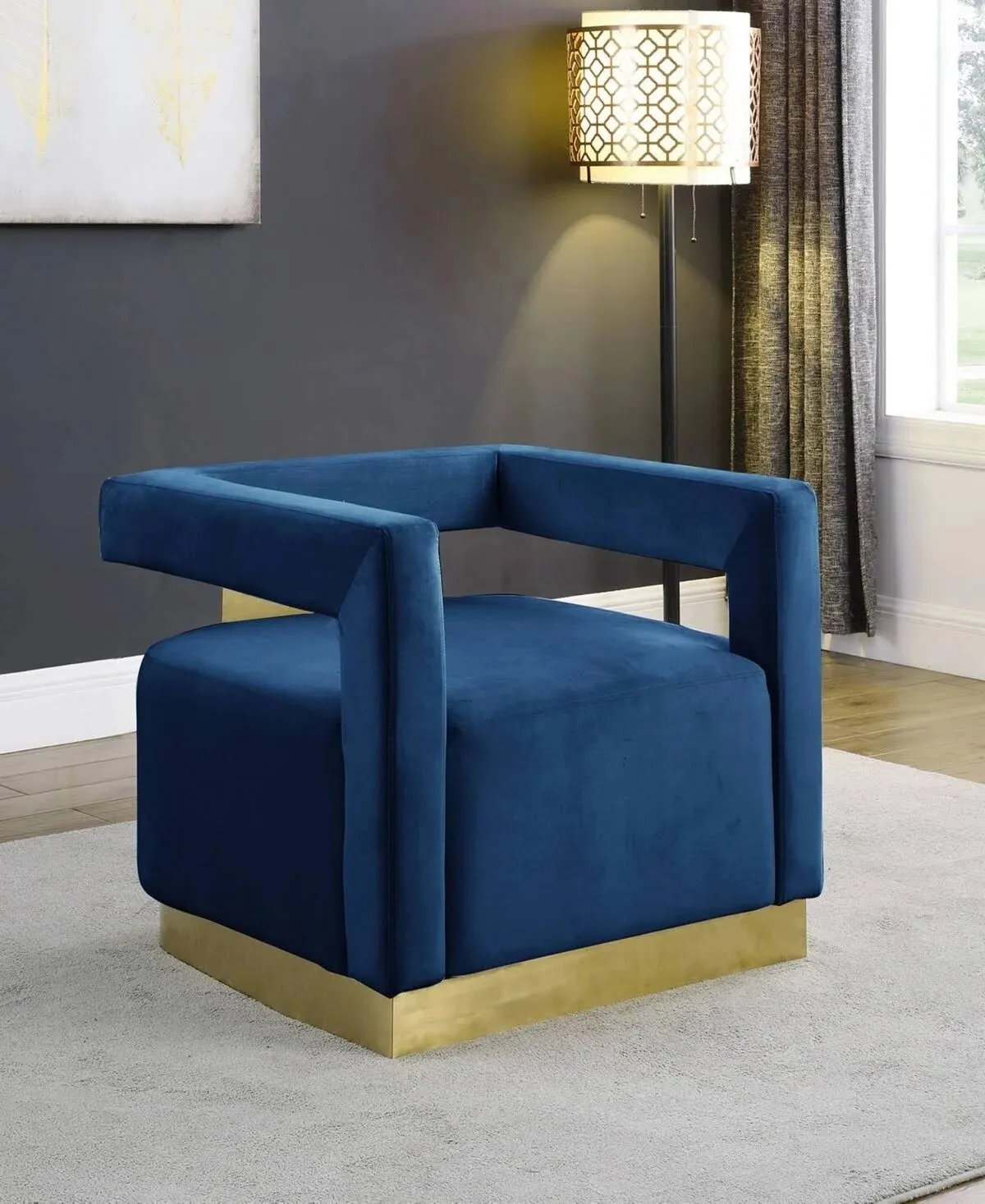 Esofastore Modern Accent Chair, Velvet Upholstered Cube Shape Living Room Armchair with Gold Metal Base, Plush Padded Seat, Royal Blue