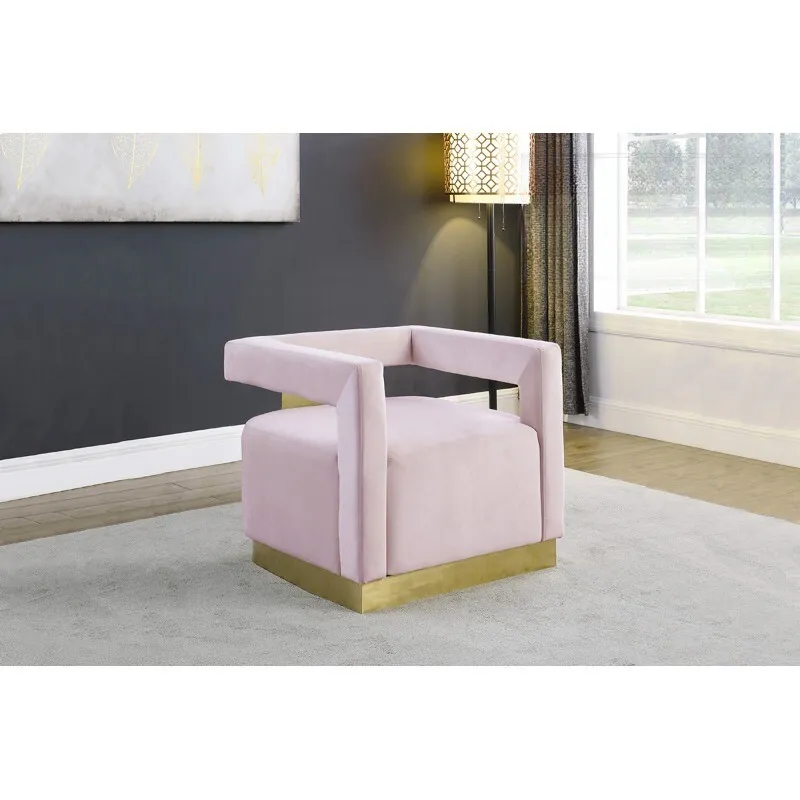 Esofastore Modern Accent Chair, Velvet Upholstered Cube Shape Living Room Armchair with Gold Metal Base, Plush Padded Seat, Pink