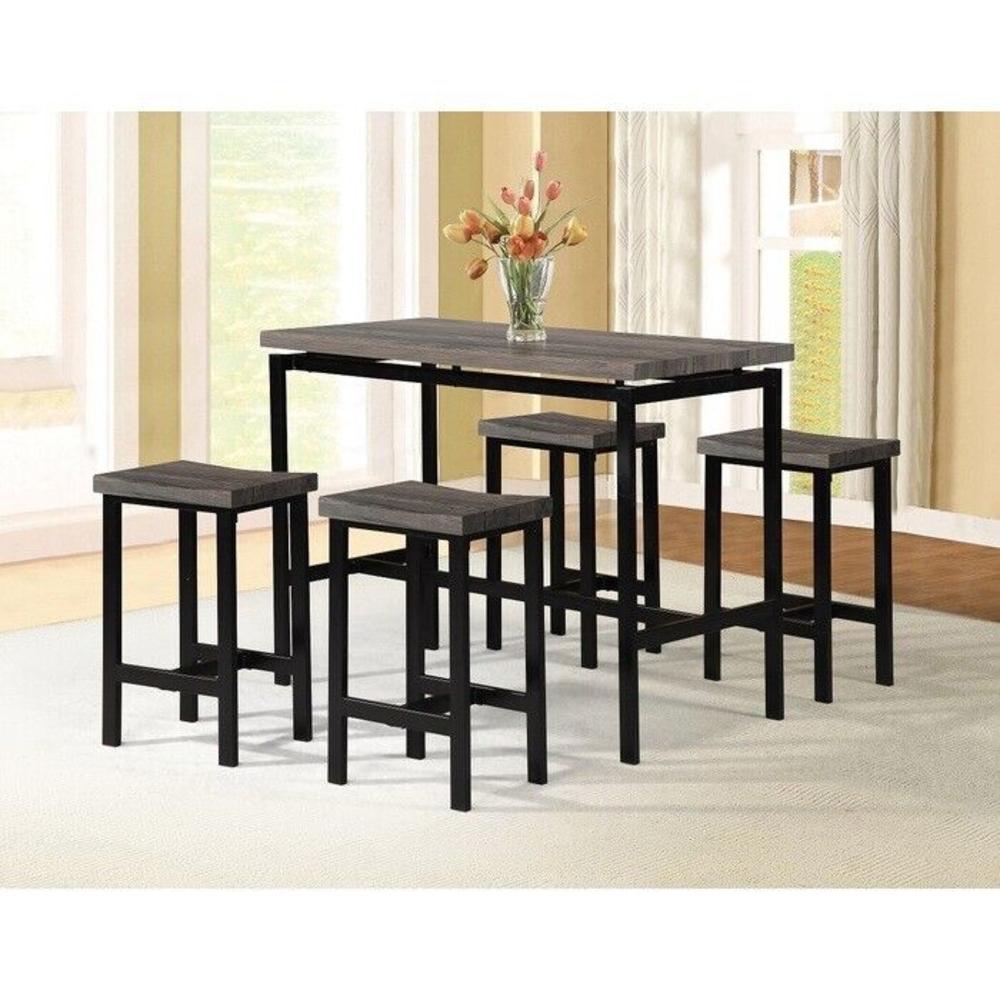 Esofastore Stylish 5-Pc Dining Set, Brown Wood Top/Black Metal Frame Dining Table, 25" Height Counter Height Bar Stools, Dining Furniture