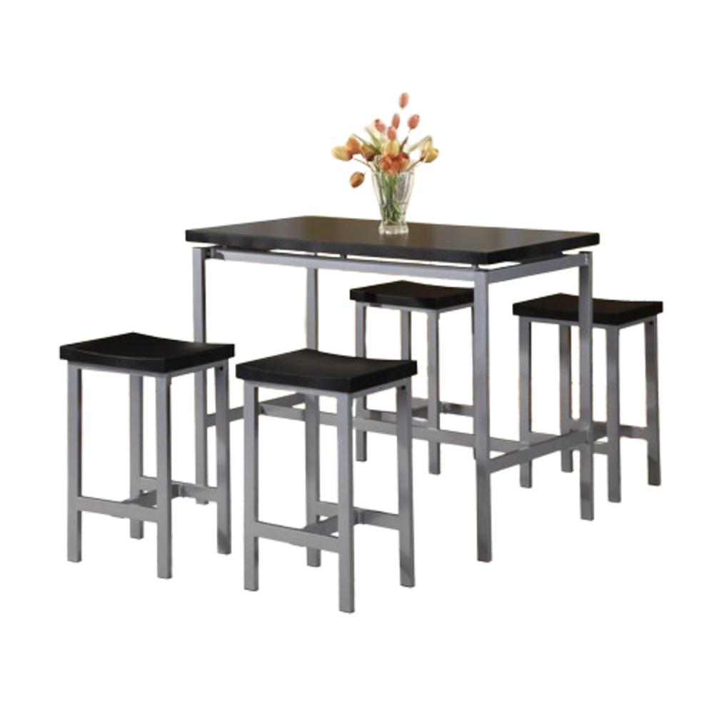 Esofastore Stylish 5-Pc Dining Set, Black Wood Top/Gray Metal Frame Dining Table, 25" Height Counter Height Bar Stools, Dining Furniture