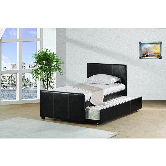 Esofastore Contemporary PU Faux Leather Twin Size Platform Bed w/ Twin Trundle Bed for Kids Room, Upholstered Day Bed, Black
