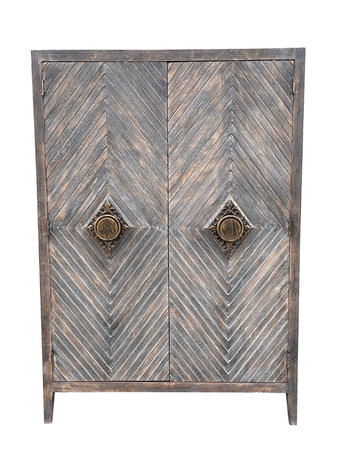 Esofastore Milan Wooden Armoire, Unique Hand Crafted Chevron Patterned Doors, Bedroom Cloth Organizer, Wardrobe Cabinet, Gray Rustic Finish