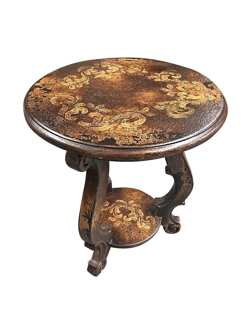 Esofastore Marbella Traditional End Table, French Style Accent Table w/ Shelf, Antique Round Side Table, Floral Hand Carvings, Nat. Terra