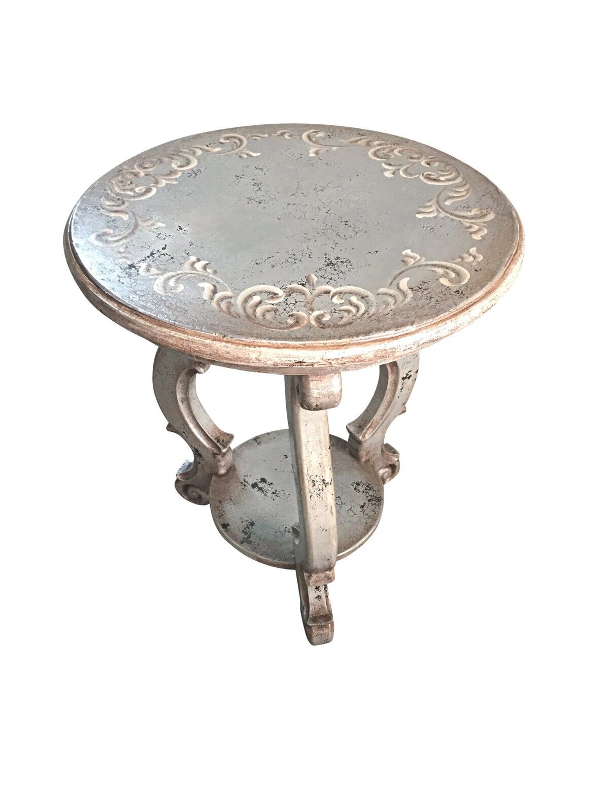 Esofastore Marbella Traditional End Table, French Style Accent Table w/ Bottom Shelf, Antique Round End Table, Floral Hand Carvings, Silver