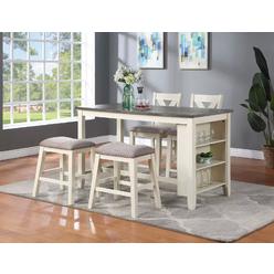 Esofastore Transitional  5pc Kitchen Breakfast Dining Set Bone White Counter Height Dining Table and 2x High Chairs 2x Stool Shelve Storage