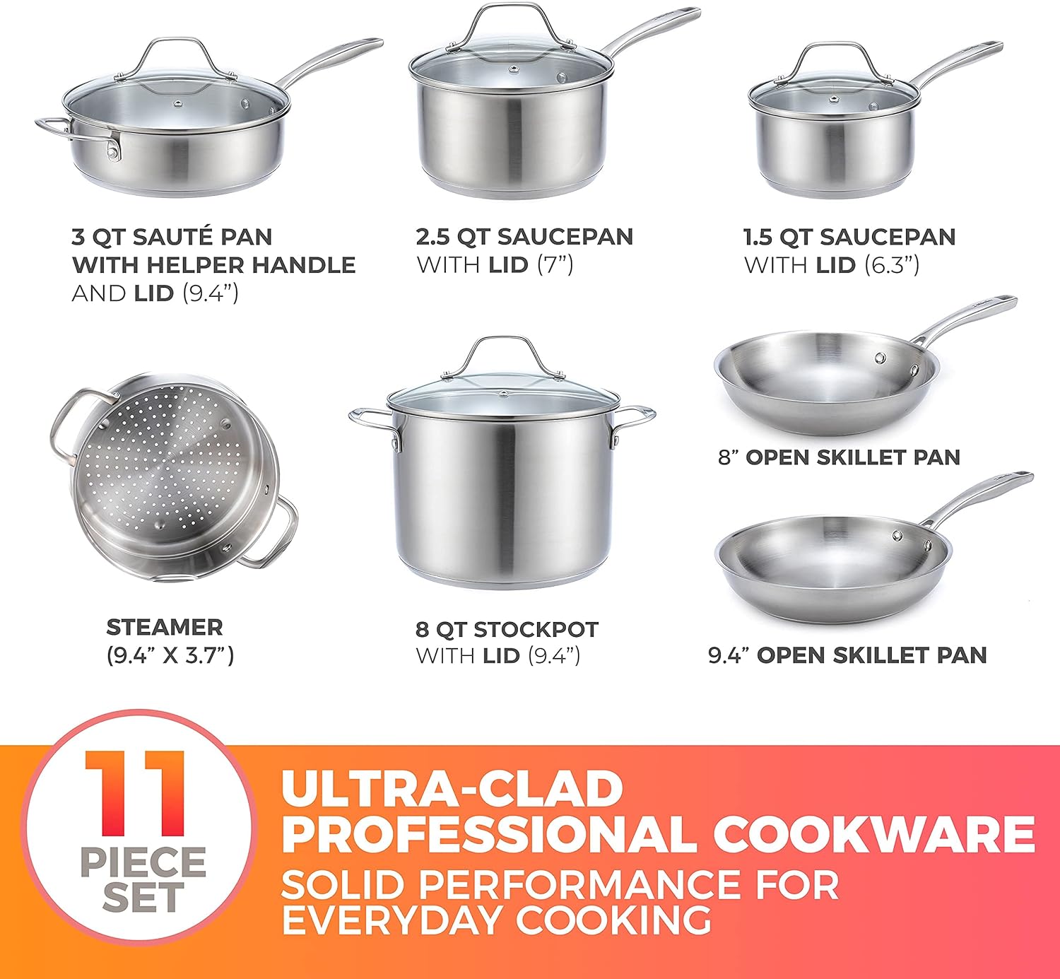 Mueller Austria Mueller Pots and Pans Set 11-Piece, Ultra-Clad Pro  Stainless Steel Cookware Set, Ergonomic and EverCool Stainless Steel Handle