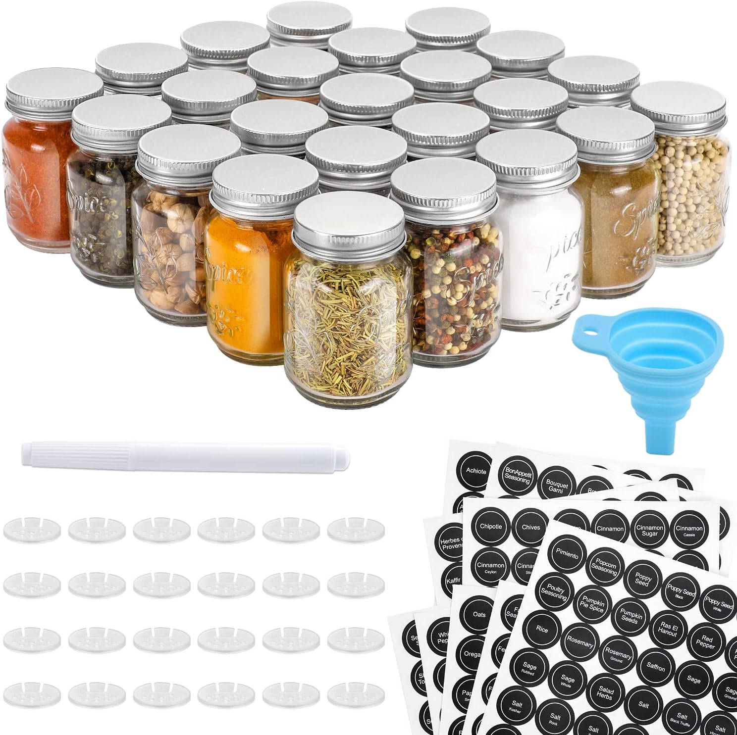 Aozita 24 Pcs Glass Mason Spice Jars/Bottles - 4oz Empty Spice Containers with Spice Labels - Shaker Lids and Airtight Metal