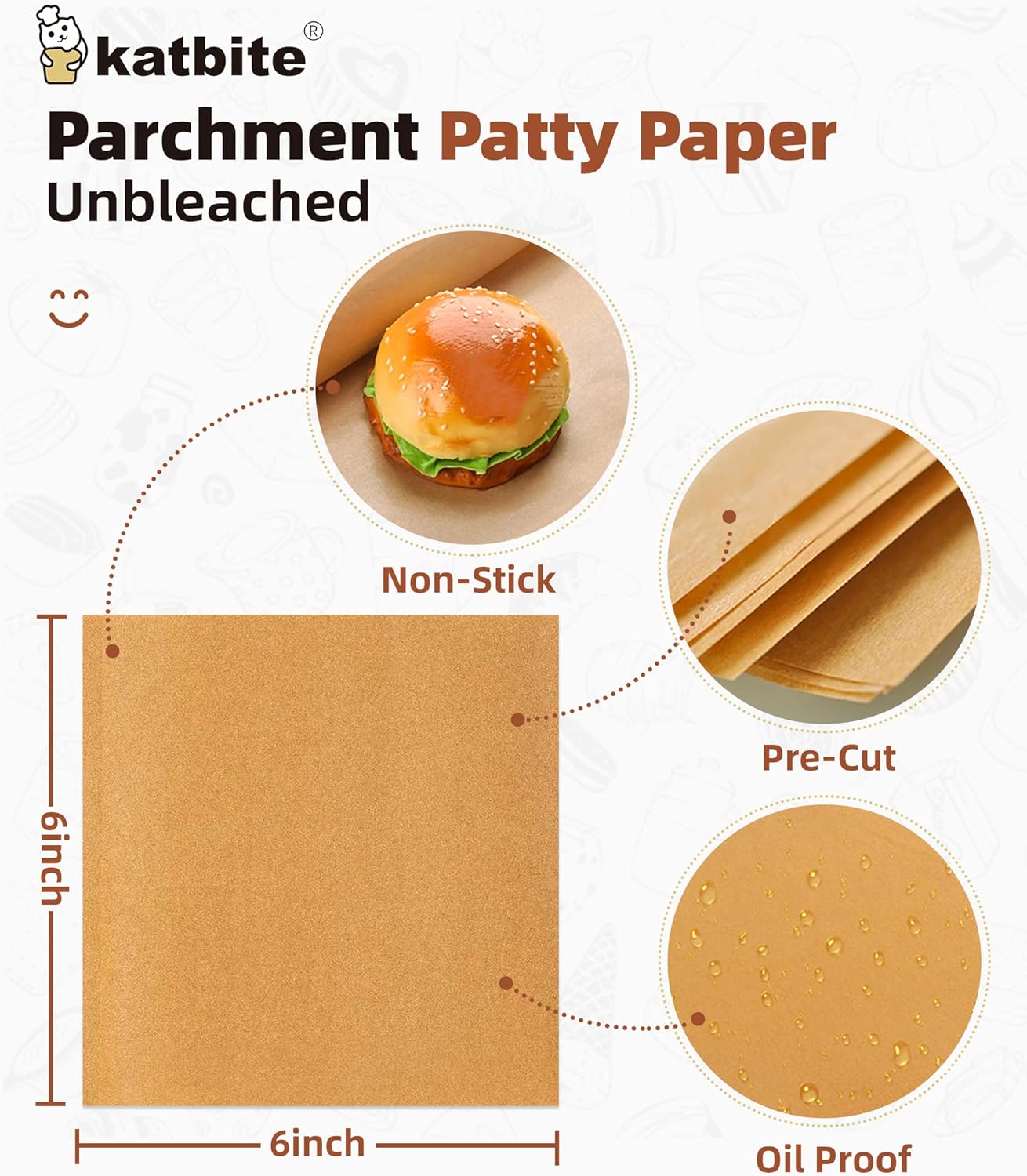 Katbite 300Pcs 6x6 Inches Patty Paper, Burger Patty Paper, Unbleached Parchment  Sheets, Heavy Duty