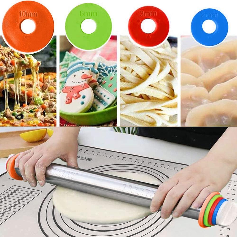 Generic Adjustable Rolling Pin with Thickness Rings for Baking, Stainless Steel Designs Dough Roller Pins with Silicone Pastry Nonstick