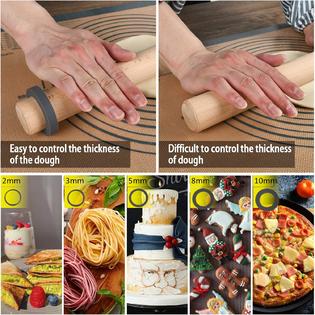 Folksy Super Kitchen Adjustable Wood Rolling Pin with Thickness Rings for  Baking -Non Stick Wooden Dough