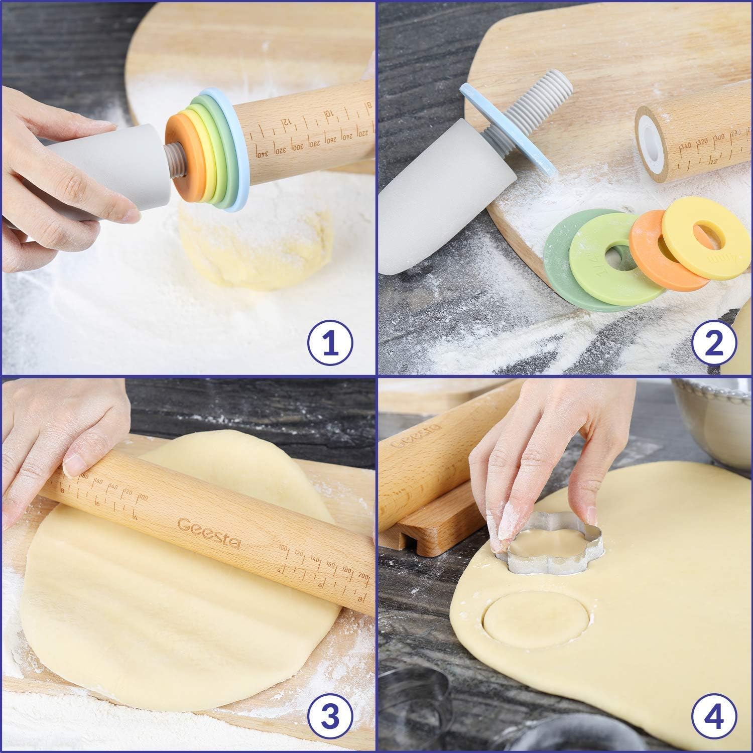 Geesta Adjustable Rolling Pin (17.3 Inches) 5 Thickness Rings