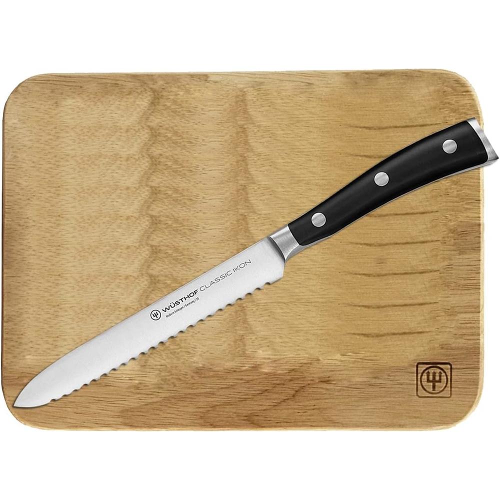 Wusthof Classic Ikon High Carbon Stainless Steel 5 Inch Tomato Knife with  Bar Board