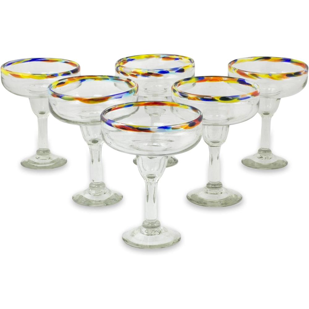 Generic NOVICA Hand Blown Rainbow Rim Eco-Friendly Glass Margarita Glasses, 13 Oz. 'Confetti Kiss' (Set Of 6)