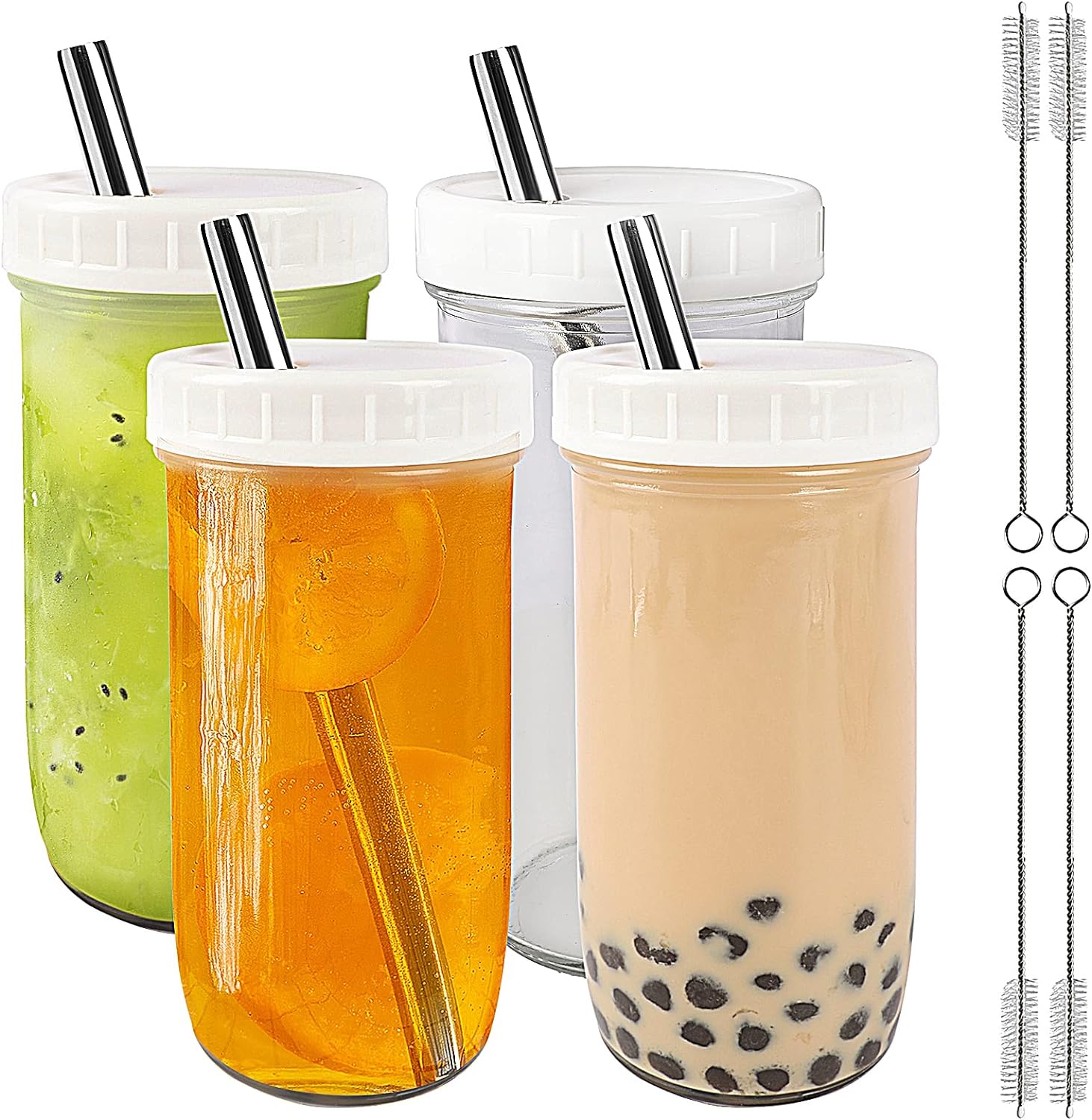 Generic Reusable Bubble Tea Cup 4 Pack 24Oz, Iced Coffee Cups Wide Mouth  Smoothie Boba Cup with Lid, Silver Straws, Clean Brush, Mason