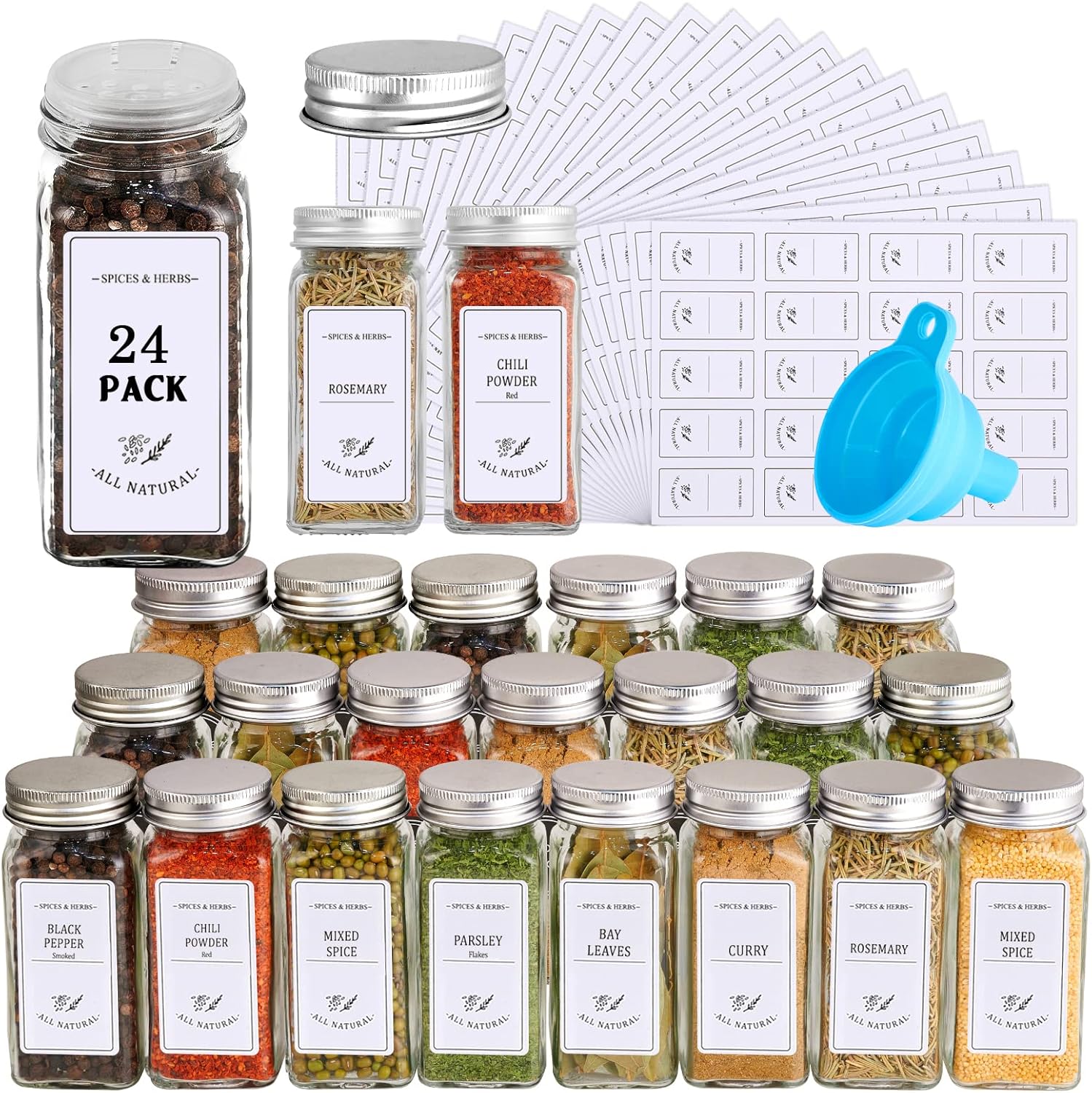 Spice Jars with Label-4oz 24Pcs, Glass Spice Jars with Bamboo Lids,Spices  Container Set with White Printed Spice Labels,Kitchen Empty Spice Jars with Shaker  Lids