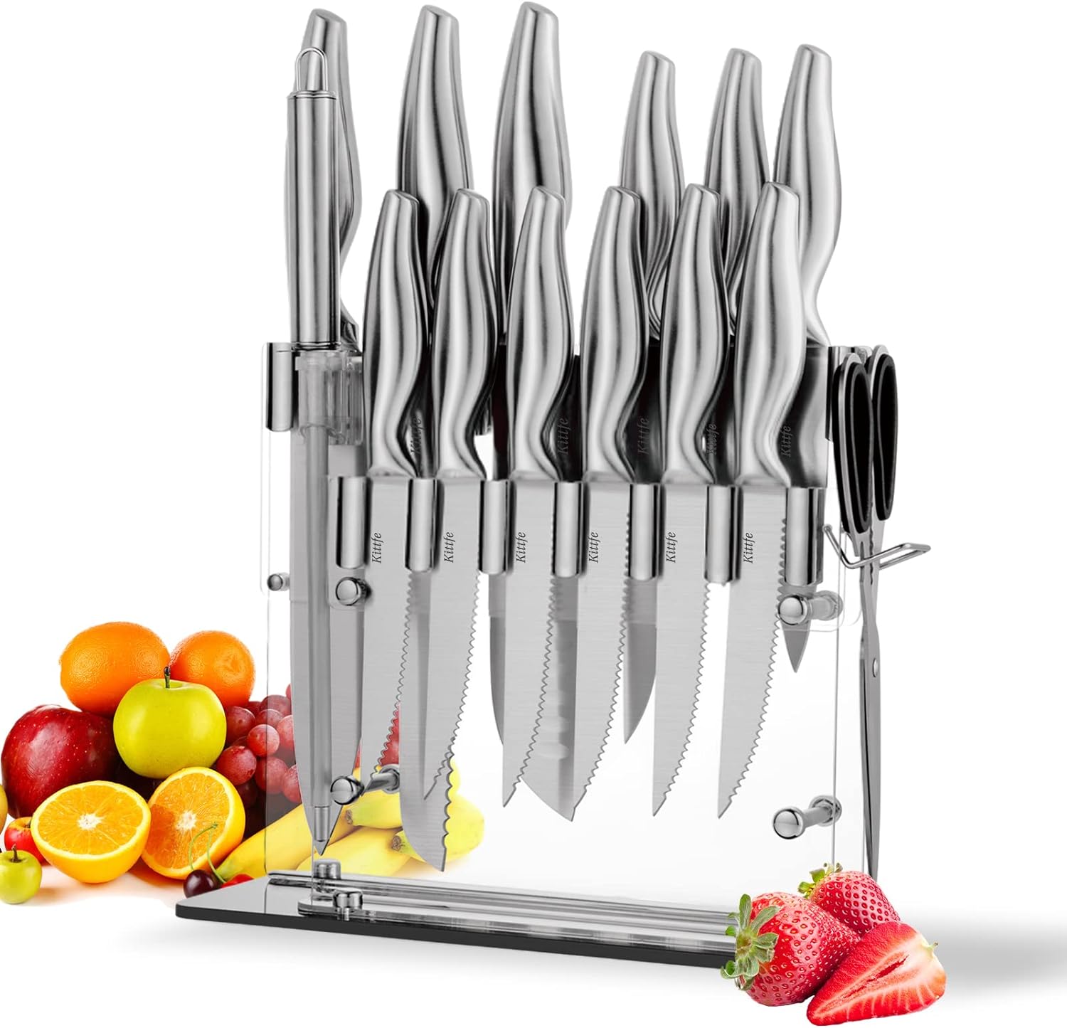 Kittfe Silver Knife Set, 15 Pieces Chef Knife Set with Acrylic Stand High  Carbon Stainless Steel Knife Block Set for Kitchen Gadgets