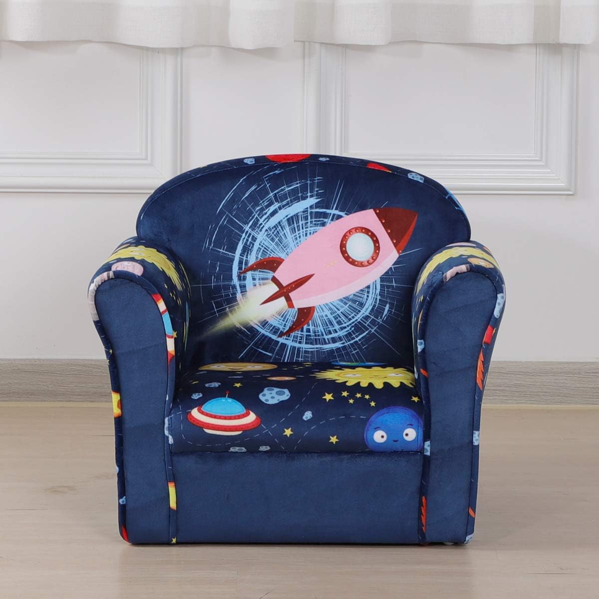 Baby Furniture Kid Sofa Upholstered Kids Armrest Chair With Wooden Frame And Space Themed Pattern Velvet Fabric For Gift Blue Baby Furniture Kid Sofa Upholstered, Children’s Chairs With Arms