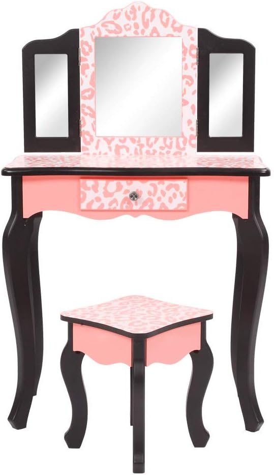 3 Fold Mirror Wooden Kids Makeup Table, Girls Vanity With Mirror