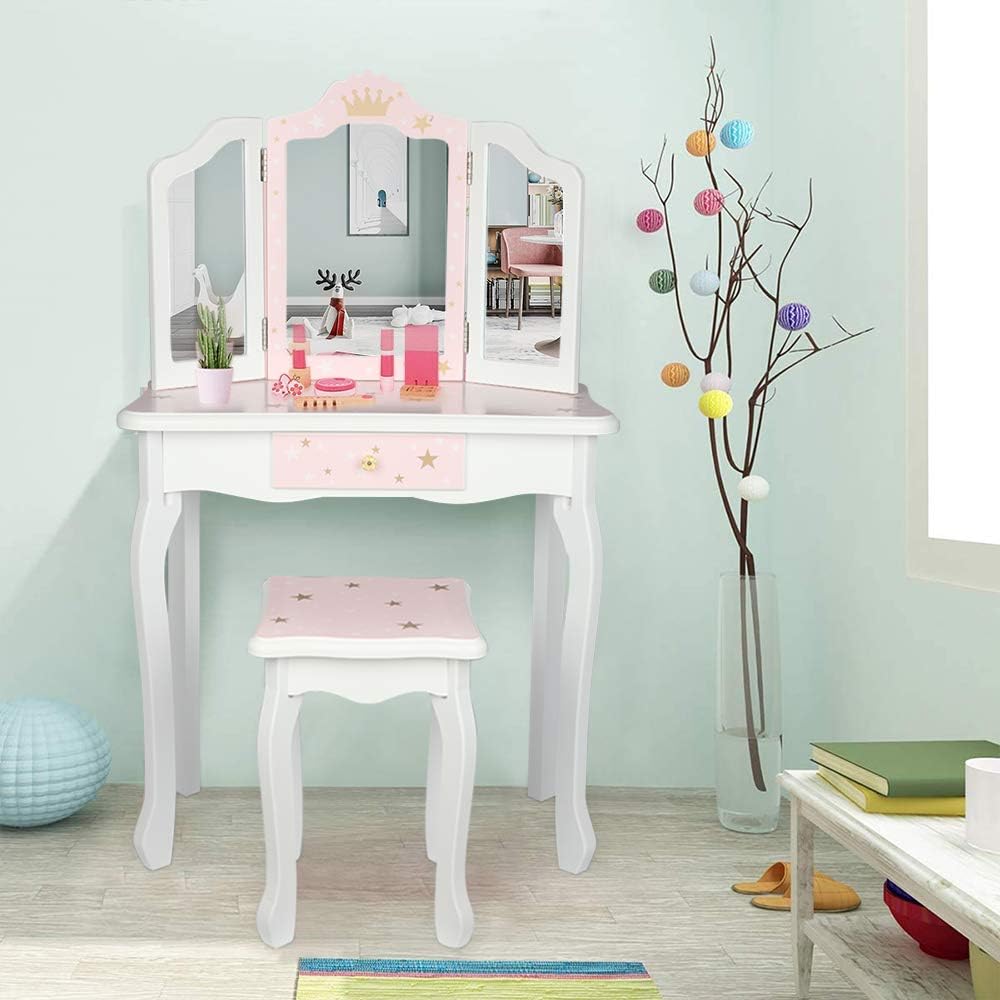 Generic Mokylor Girls Vanity Set Childrens Dressing Table Three Foldable Mirror Chair Single Drawer Pink Star Style Wooden Toy Generic Mokylor Girls Vanity Set, Vanity Desk With Mirror And Chair