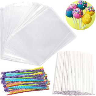 Generic Big Size Lollipop Cake Pop Treat Bag Set Including 100pcs Parcel Bags 100pcs Papery Treat Sticks 100pcs Colorful Metallic Twi