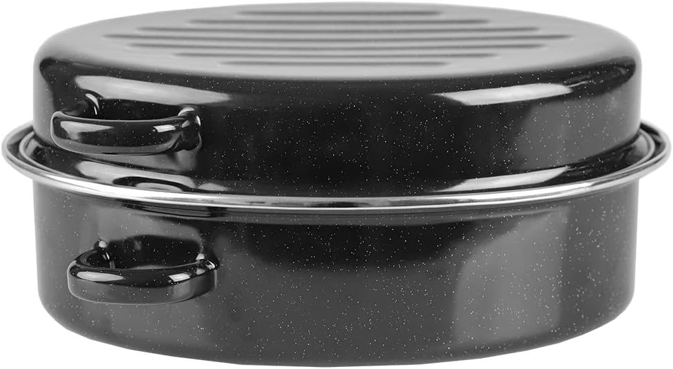 Hds Trading Corp Home Basics Oval Natural Non Stick Carbon Roasted Steel Roaster Pan With Lid 12 Black