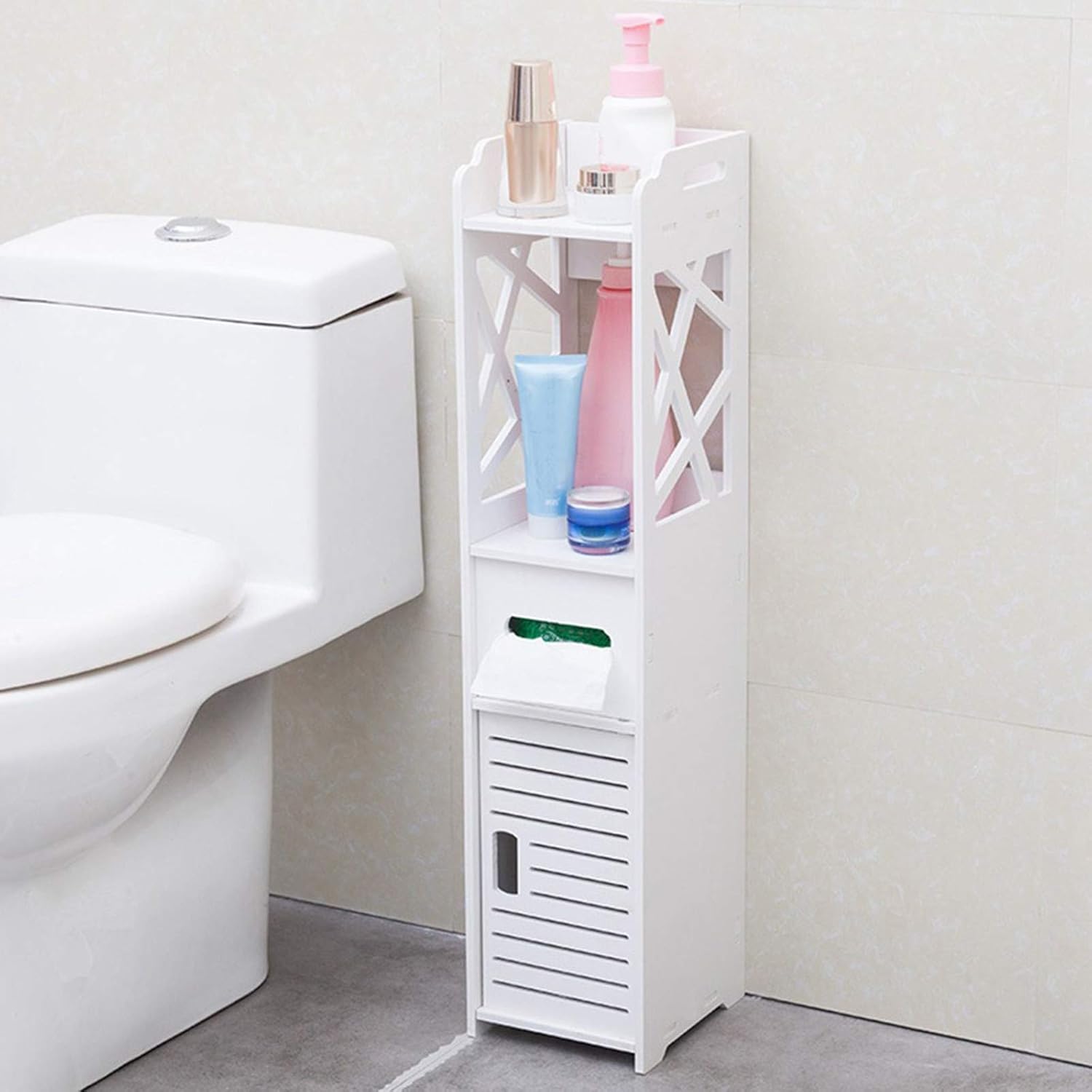 Ywindl Bathroom Corner Storage Cabinet Free Standing Narrow Floor Cabinet Modern Wood Tall Slim Tower Shelf Rack White Small Hollow