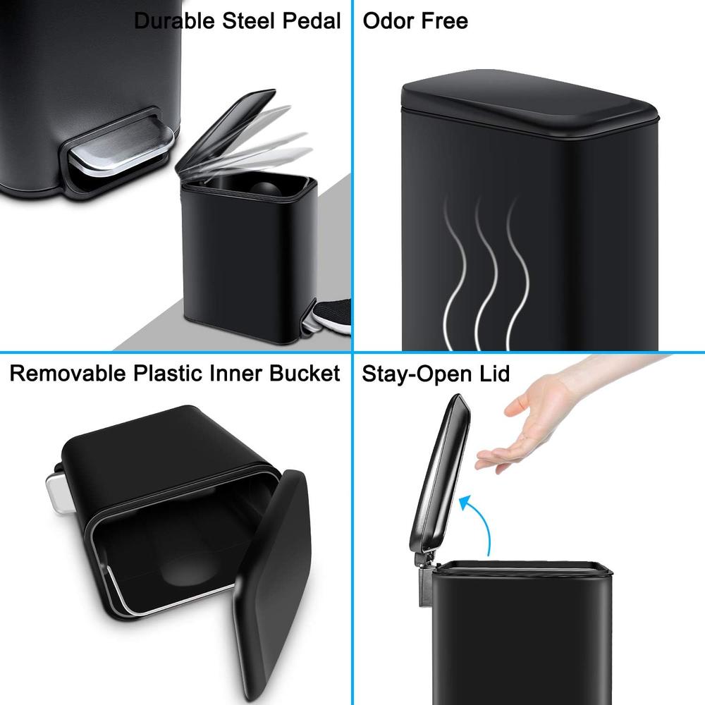H+LUX Rectangular Slim Trash Can with Lid Soft Close, Small Bathroom Trash Can with Removable Inner Wastebasket, Anti-Fingerprint Mat