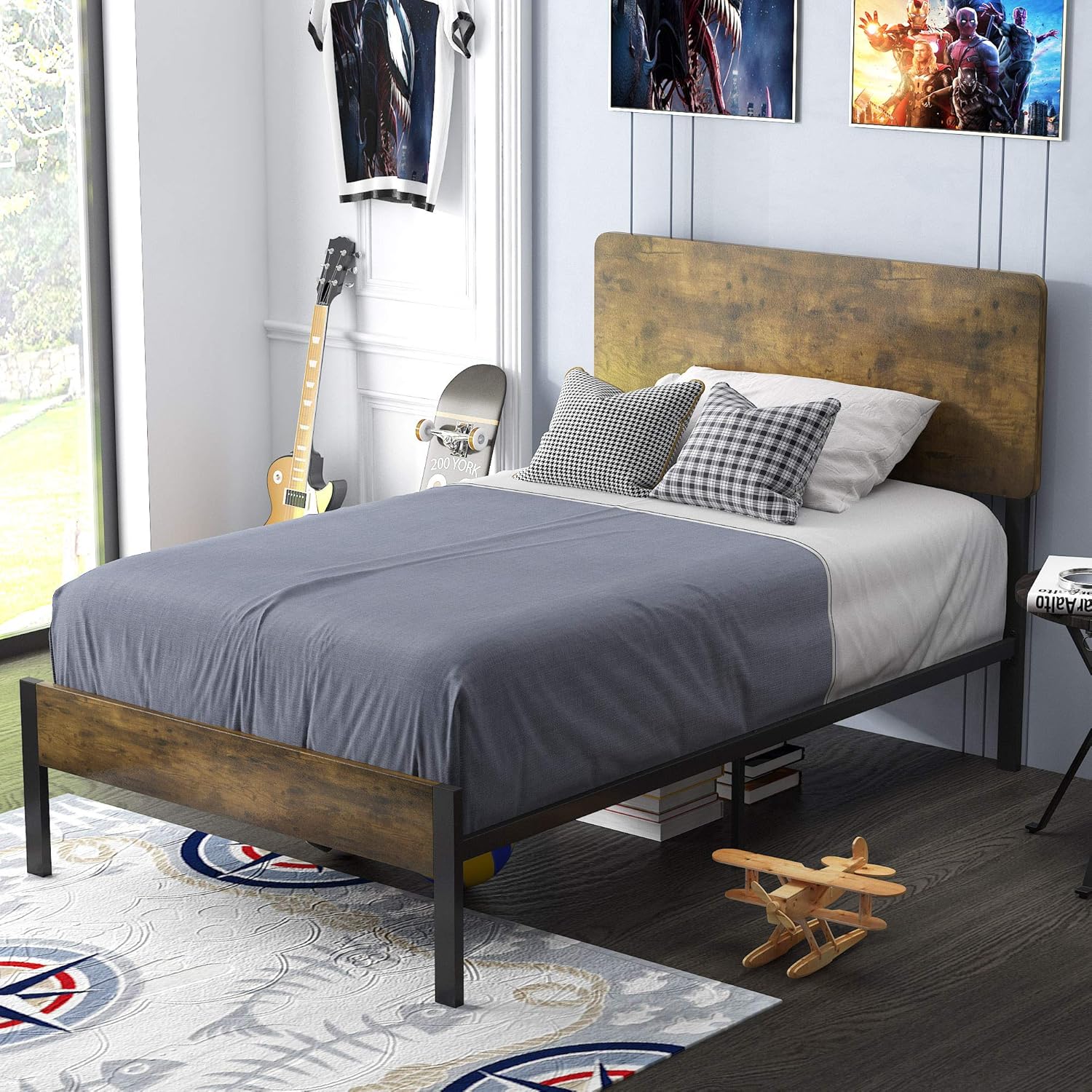 Generic Allewie Twin Size Platform Bed Frame With Wood Headboard And Metal Slats Rustic Country Style Mattress Foundation Box Spring