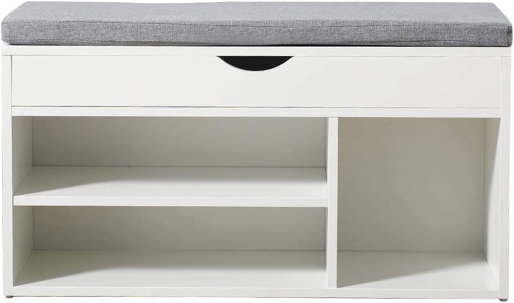 Titiskin Shoe Storage Bench White Rack With Gray Cushion Cabinet Seat 2 Tier And Cubby For Entr Gray Cushion Shoe Cabinet Bench Seat, Shoe Rack Storage Bench White