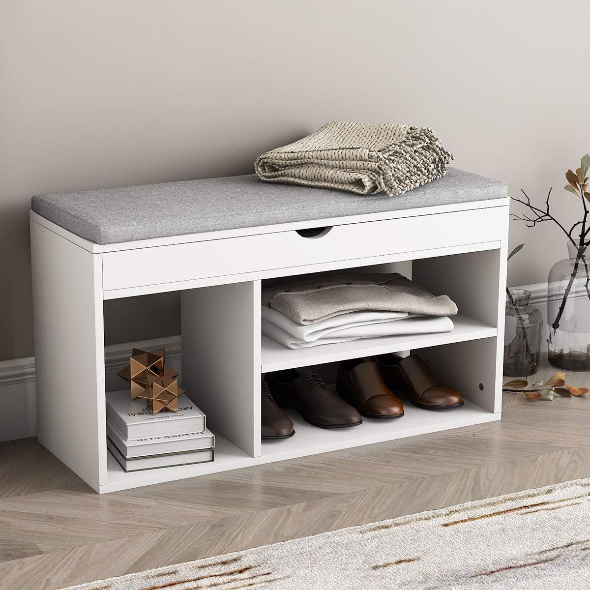 Titiskin Shoe Storage Bench White Rack With Gray Cushion Cabinet Seat 2 Tier And Cubby For Entr Gray Cushion Shoe Cabinet Bench Seat, Shoe Rack Storage Bench White