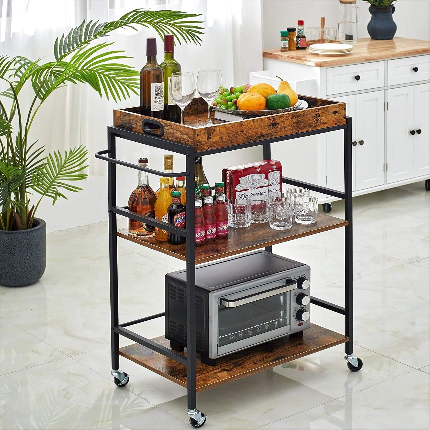 Generic Kealive Bar Cart For Home Rolling Metal Wood Wine Cart Industrial Vintage Kitchen Cart With Handle Rack Removable Top Shelf A