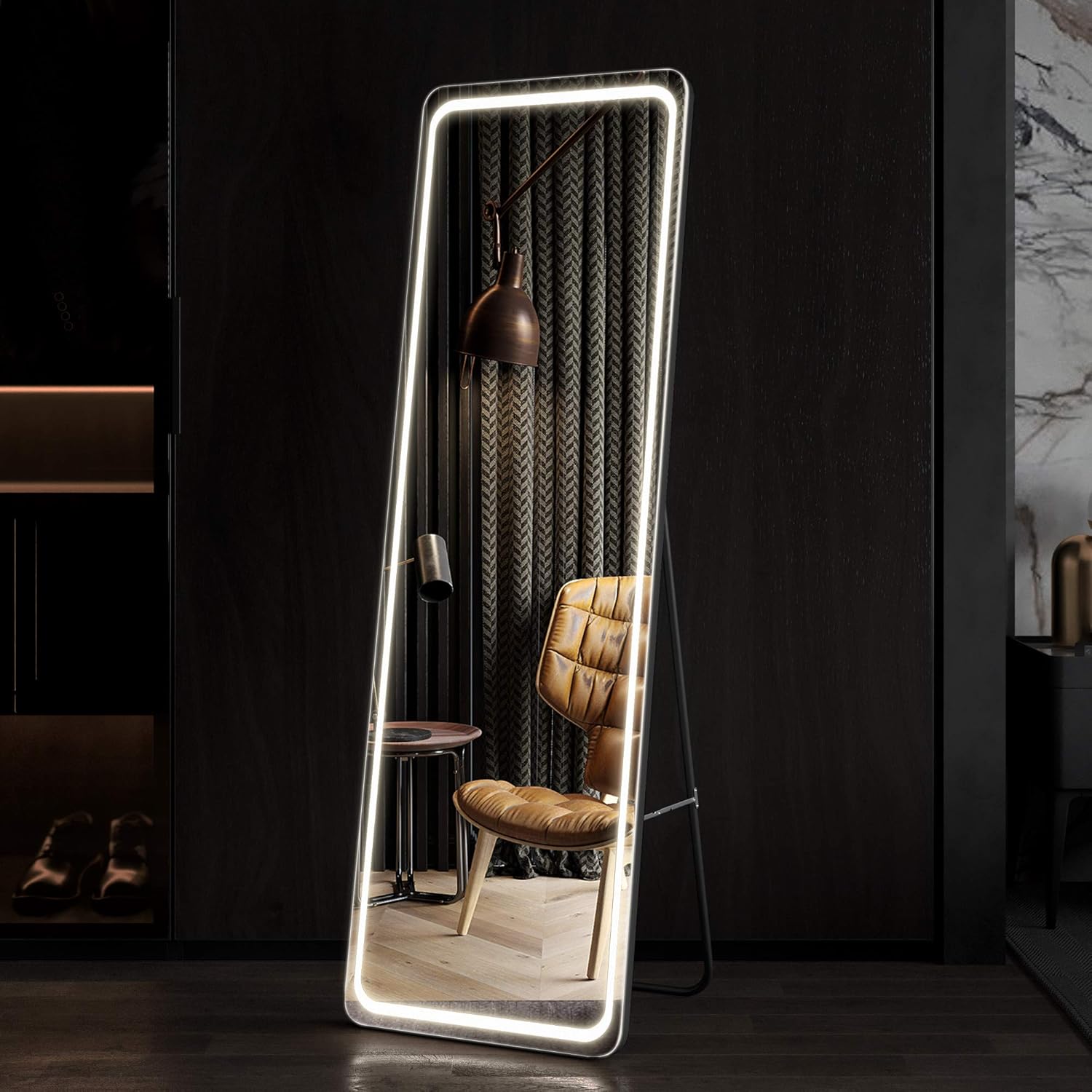Lvsomt 63 X20 Full Length Mirror With Led Lights Free Standing Floor Mirror Wall Mounted Hanging Mirror Lighted Vanity B