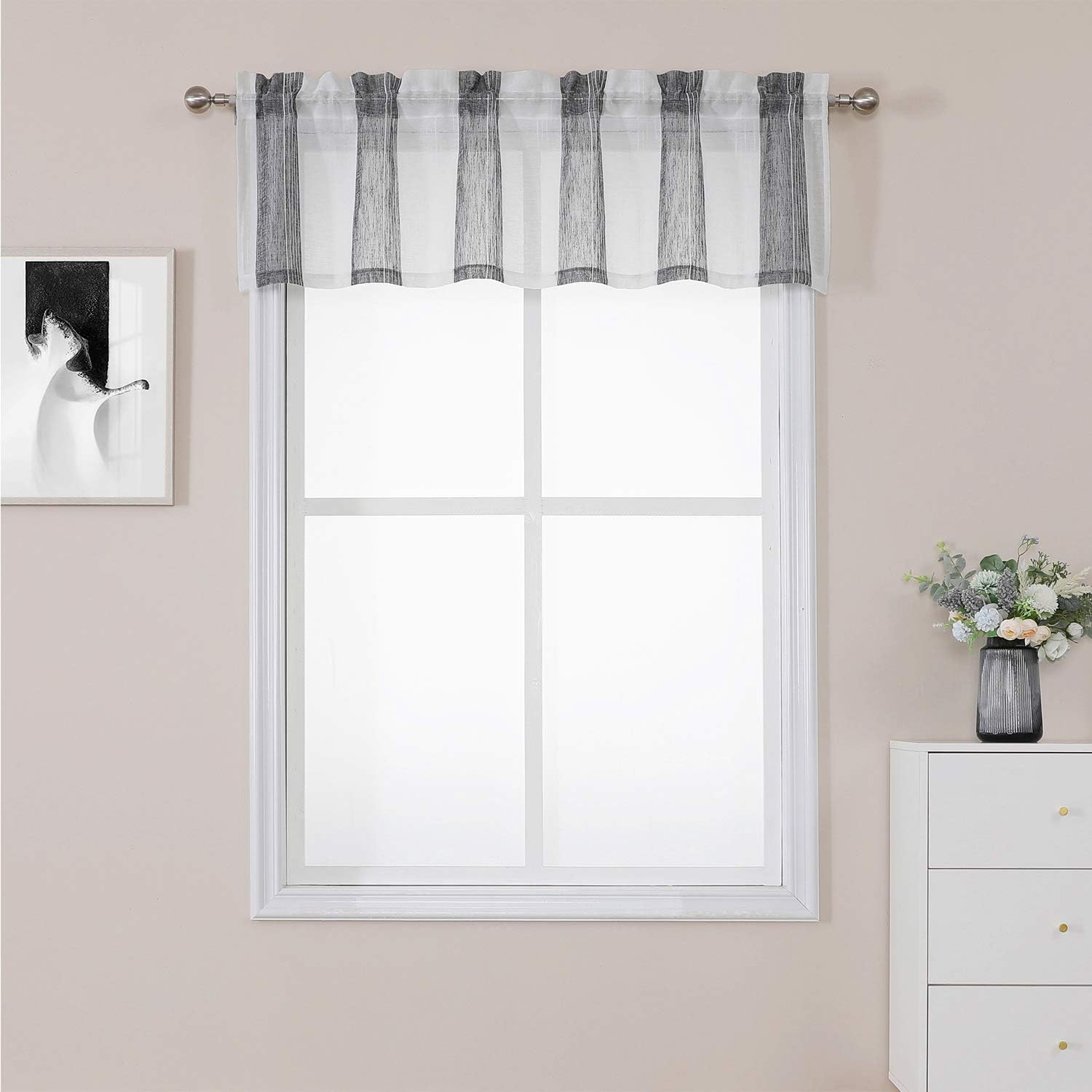 Haperlare Black And White Kitchen Window Curtain Valance Vertical Stripe Window Treatment Sheer Valances Cafe Curtains Farmhouse Linen