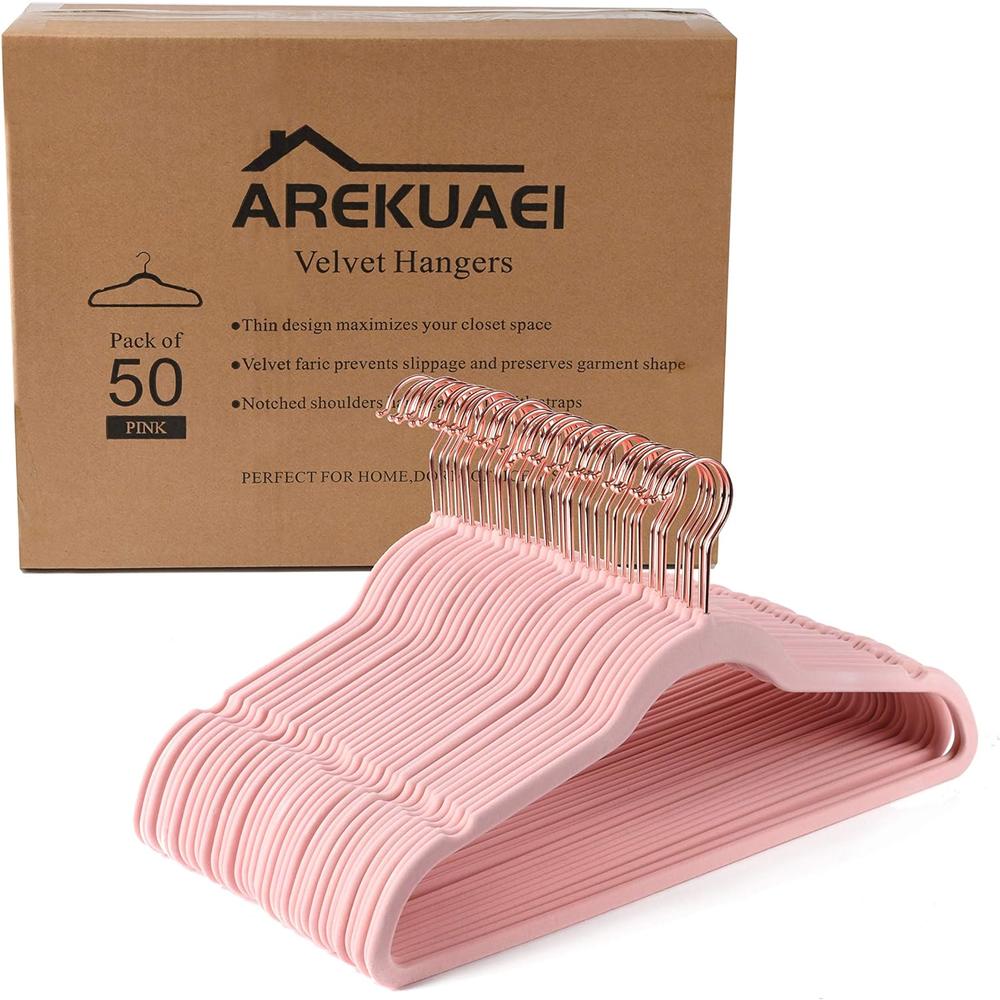 AREKUAEI Premium Velvet Hangers (Pack of 50) Heavyduty - Non Slip - Velvet Suit Hangers Blush Pink - Copper/Rose Gold Hooks,Spa