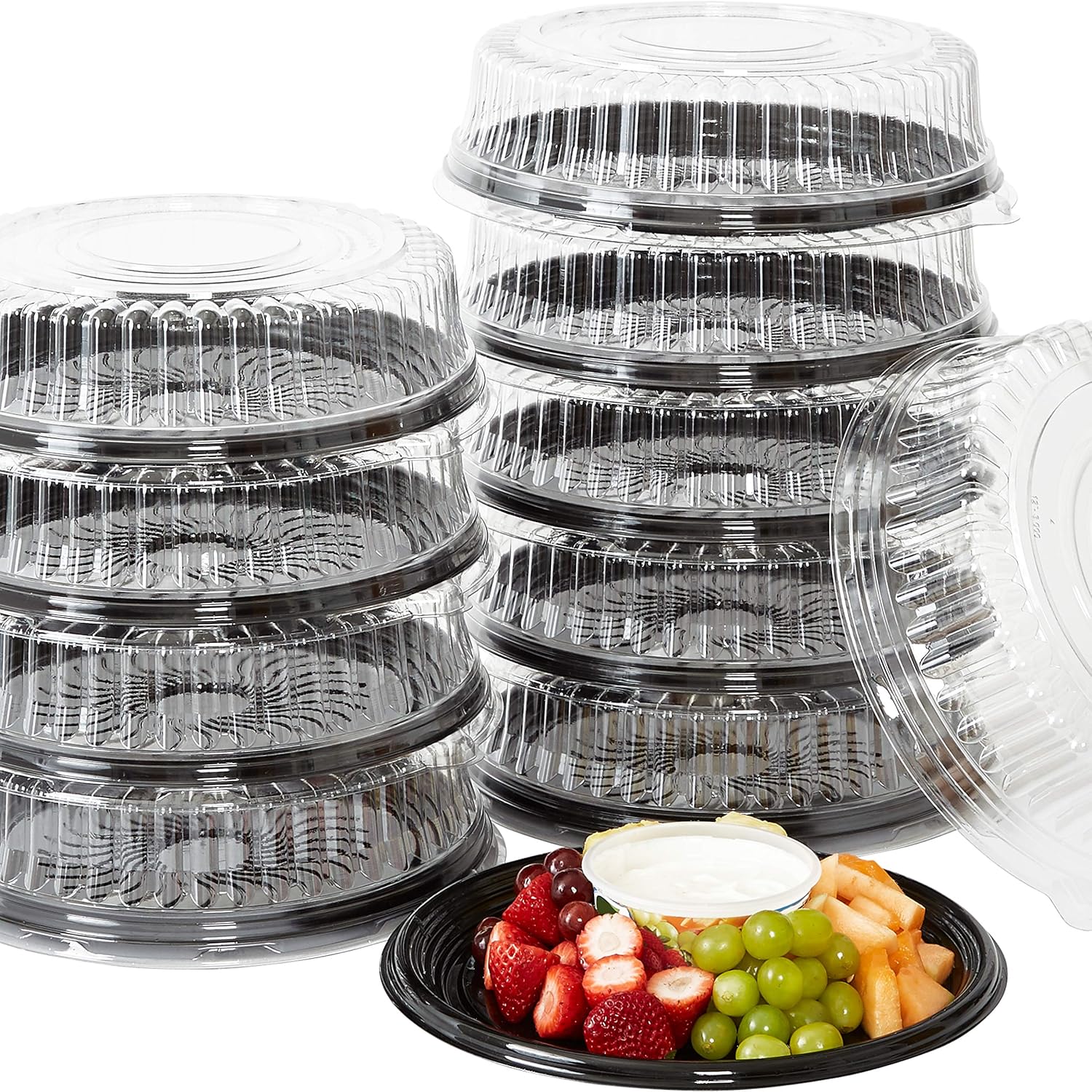 Generic Heavy Duty Recyclable 12 In Serving Tray And Lid 10pk Large Black Plastic Party Platters With Clear Lids Elegant Round Ban Black Plastic Party Platters, Round Plastic Serving Tray With Lid