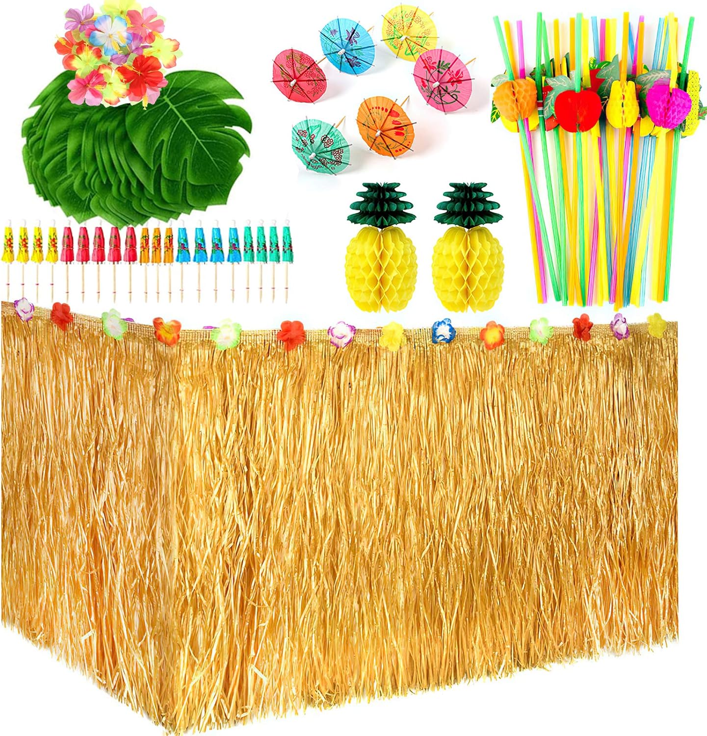 3 years and up Hawaiian Tropical Party Decoration Set with 9feet Hawaiian  Luau Grass Table Skirt, Hibiscus Flowers, Palm Leaves, Paper Pineapp